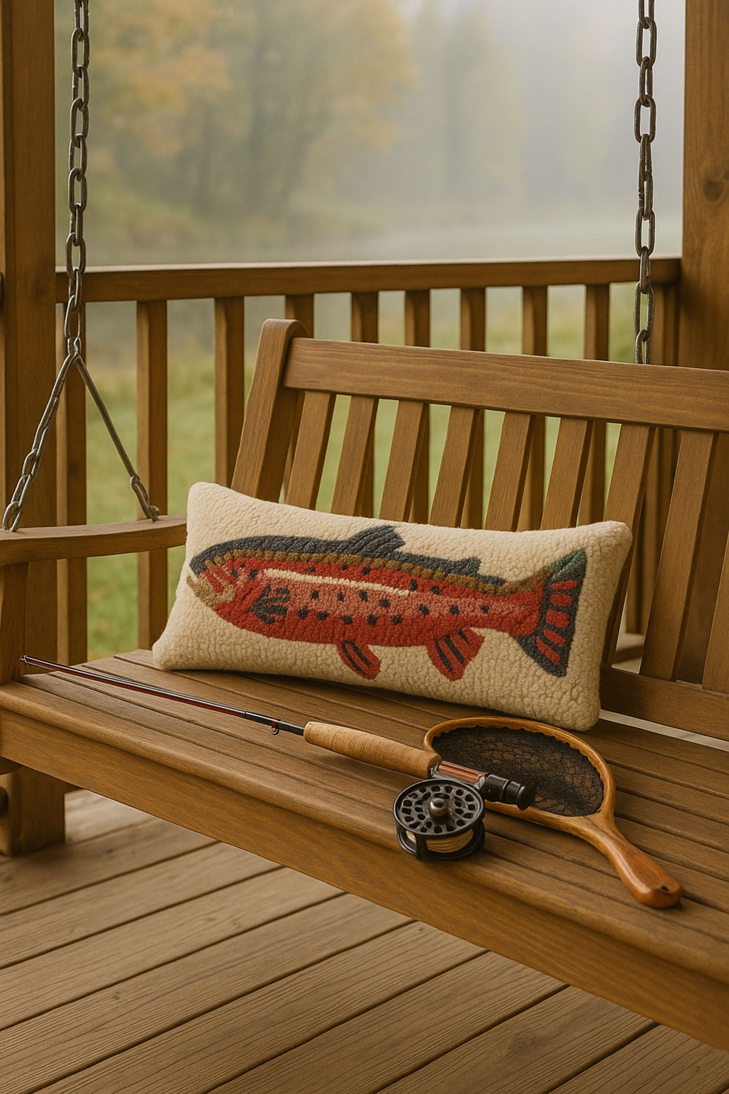 Hand-hooked wool lumbar pillow with bright trout artwork on cream background