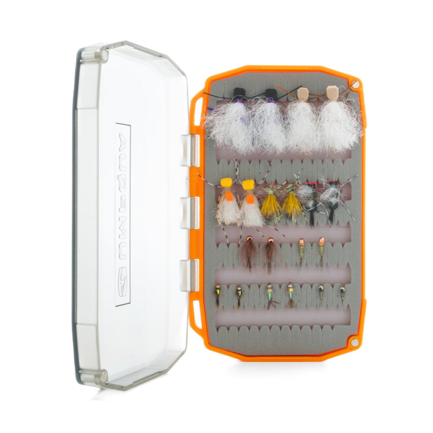 Fishing lure organizer with various lures on a white background