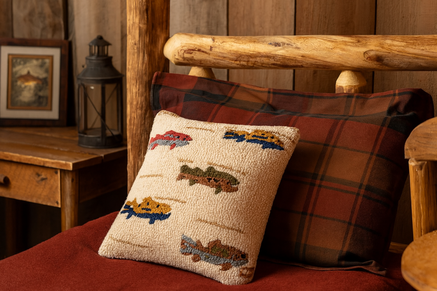 Decorative pillow with fish pattern on a wooden bench in a rustic setting