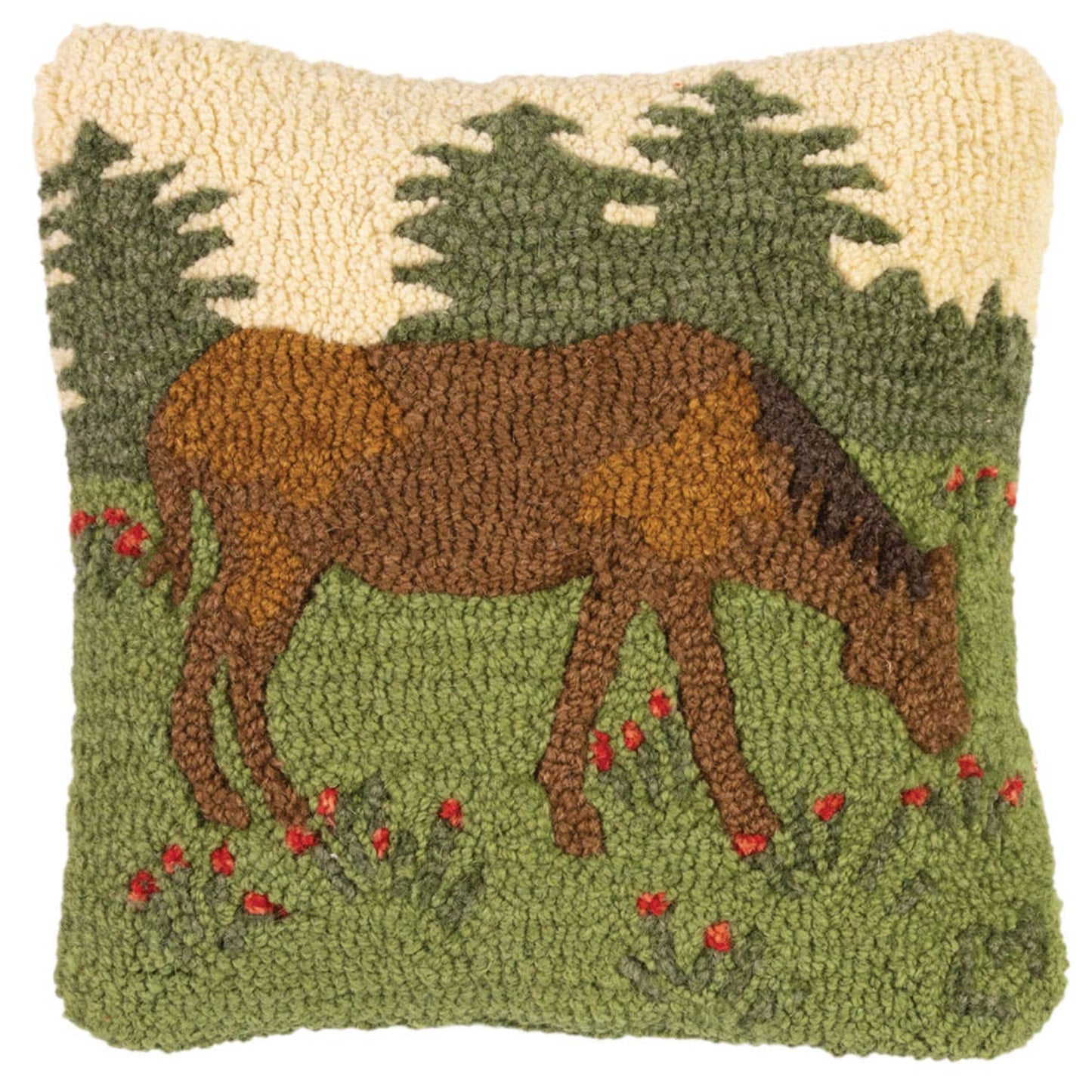Decorative pillow with a horse and nature scene design.