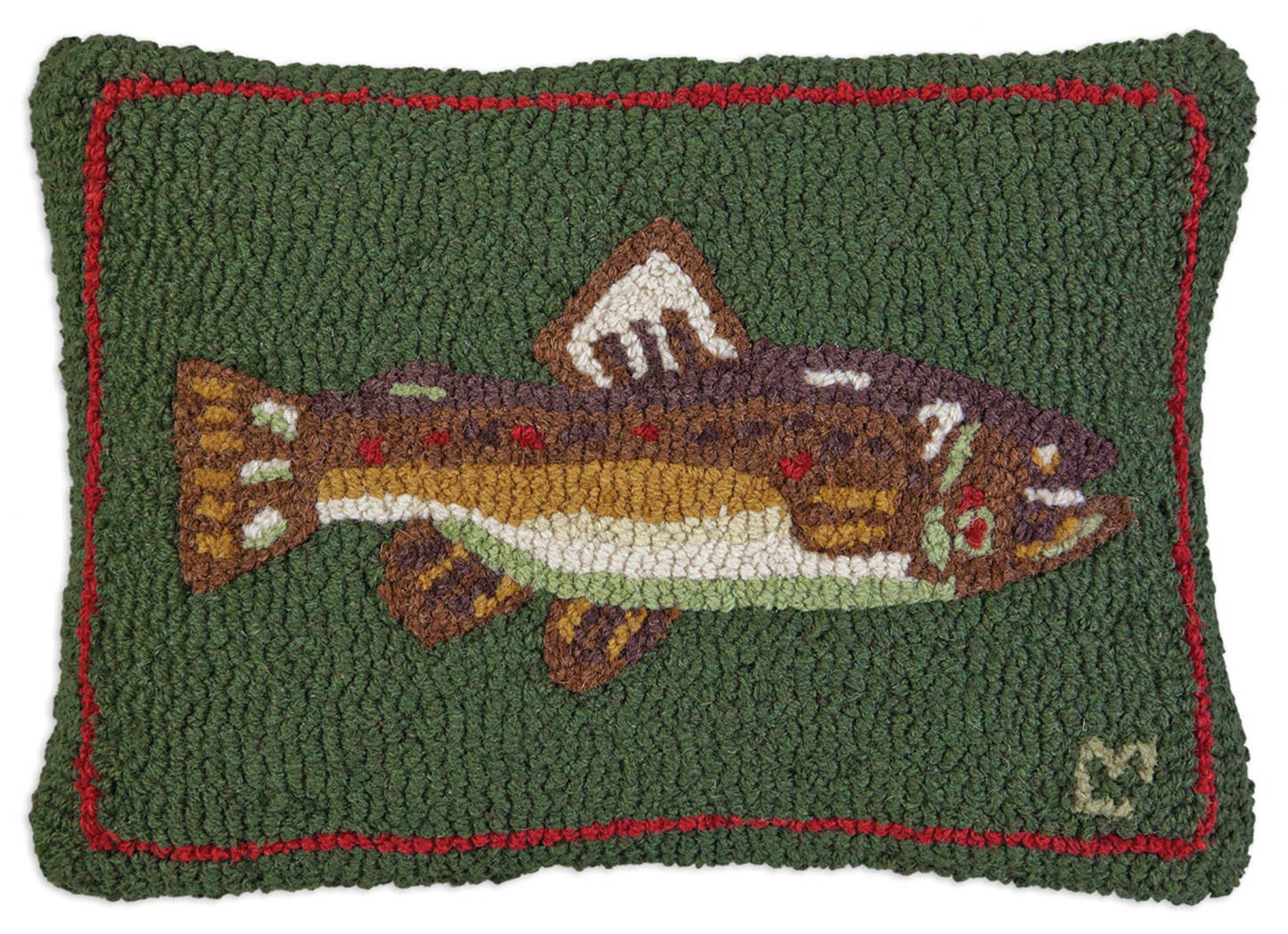 8" x 12" hand hooked pillow, made with 100% natural wool. Zippered velveteen backing with poly-fill pillow insert. Handcrafted.