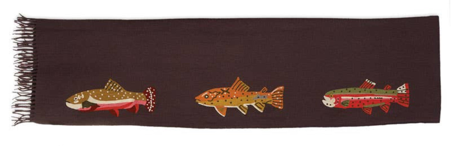 Brown scarf with embroidered fish designs on a dark background
