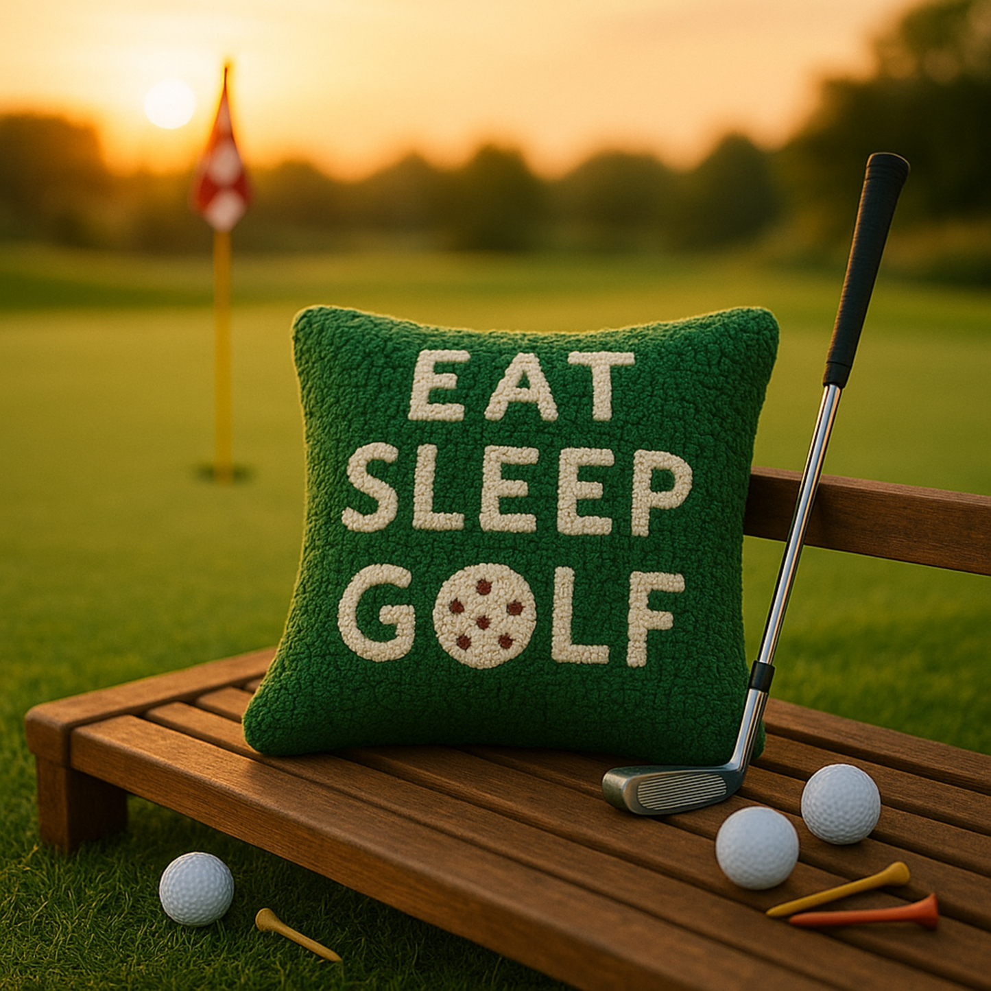 Green pillow with 'EAT SLEEP GOLF' text on a wooden bench with golf equipment in a golf course setting.