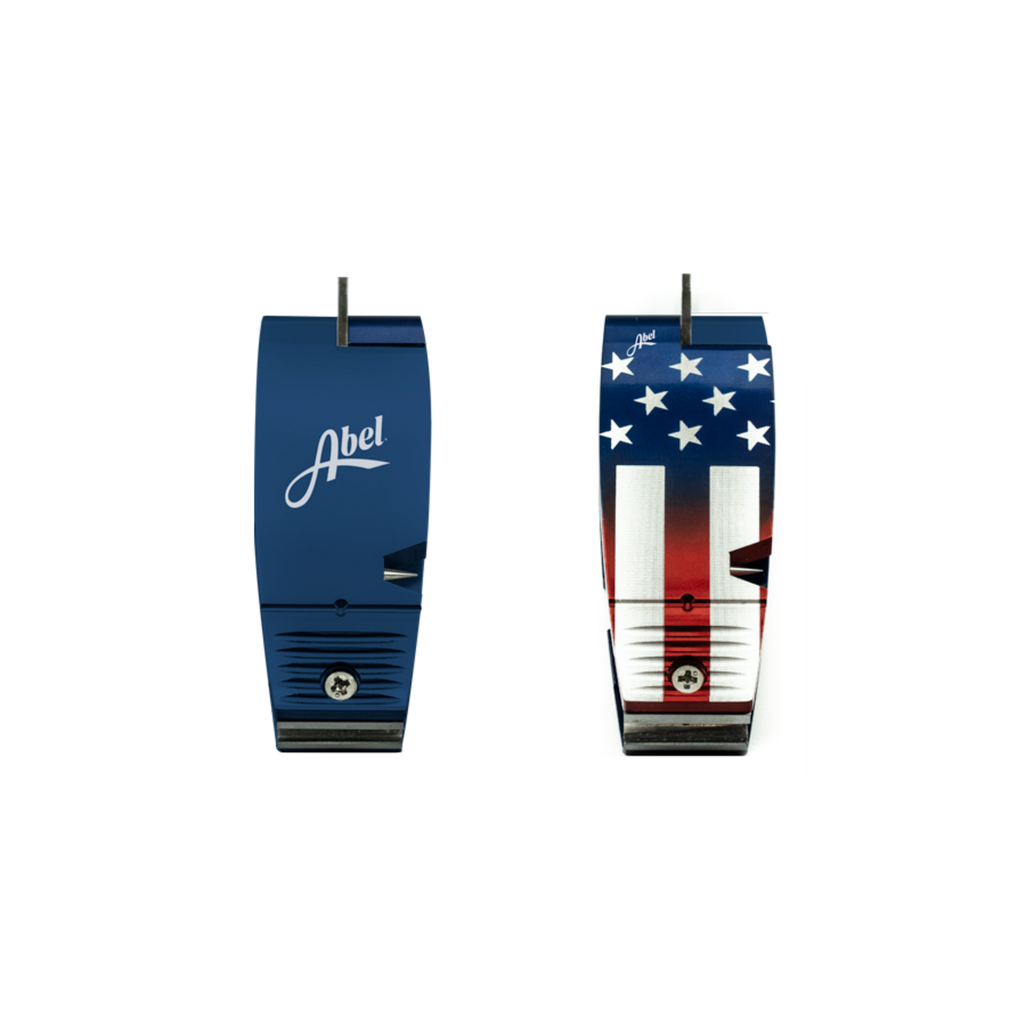 Two diving fins, one blue with 'Abel' branding and the other American flag design, on a white background.
