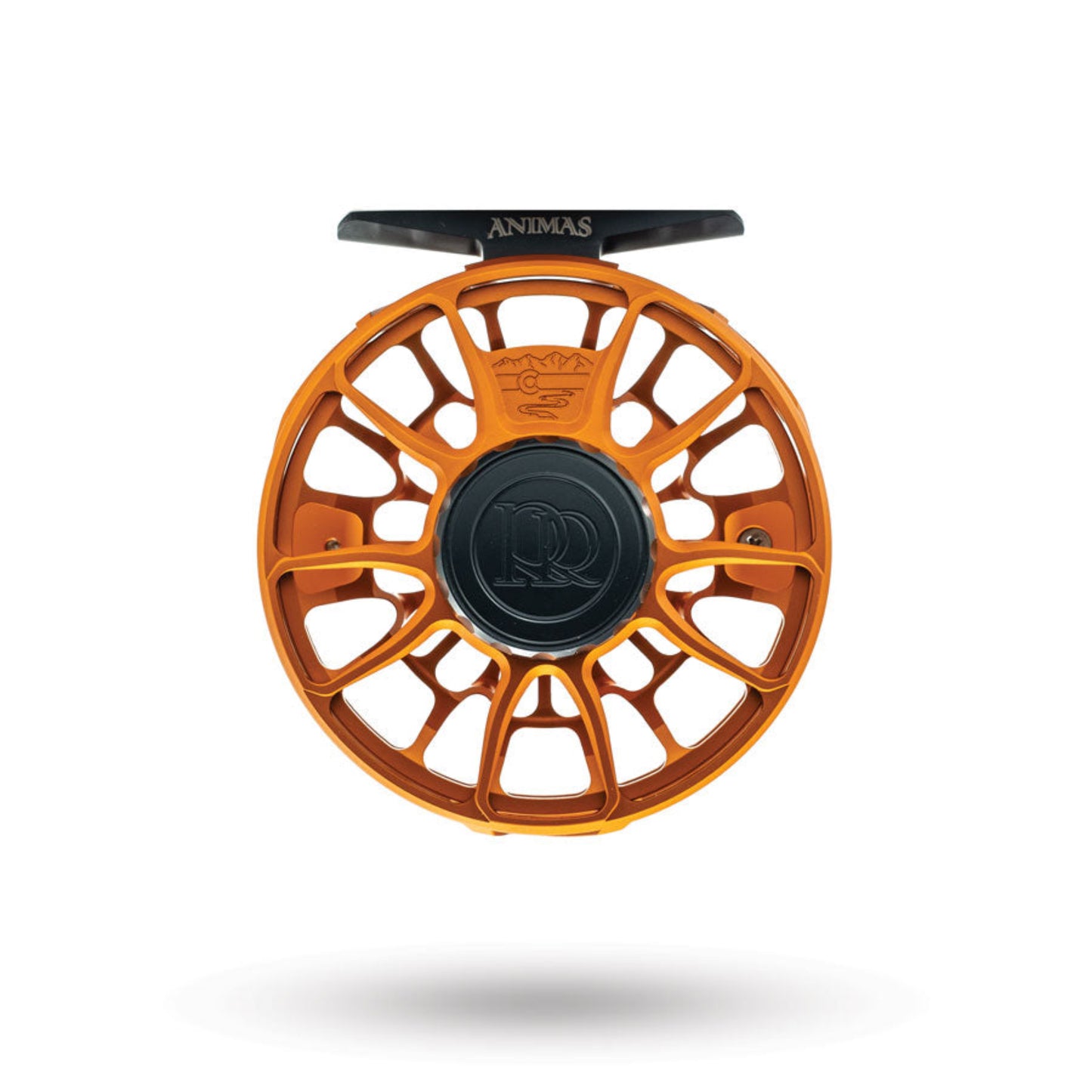 Orange fishing reel with black center on a white background