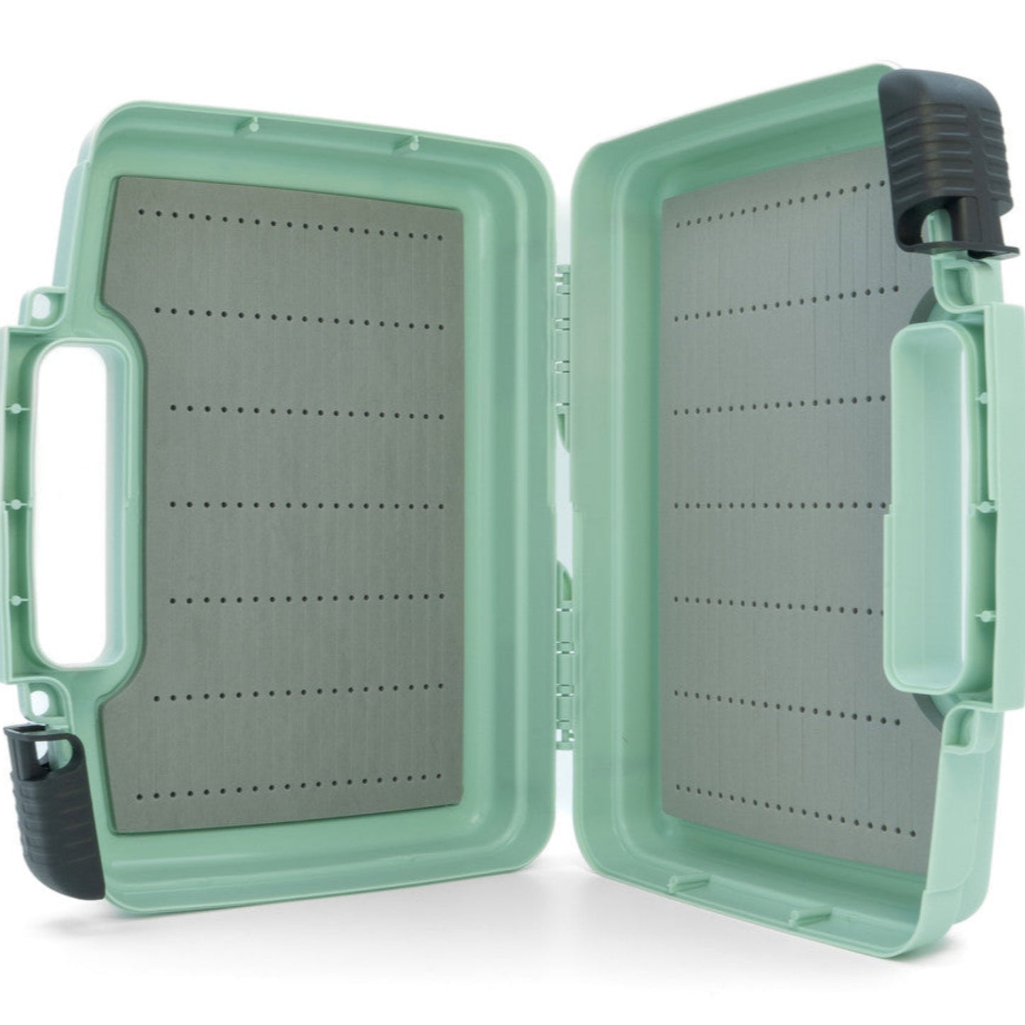 Green fishing tackle box with open lid on a white background