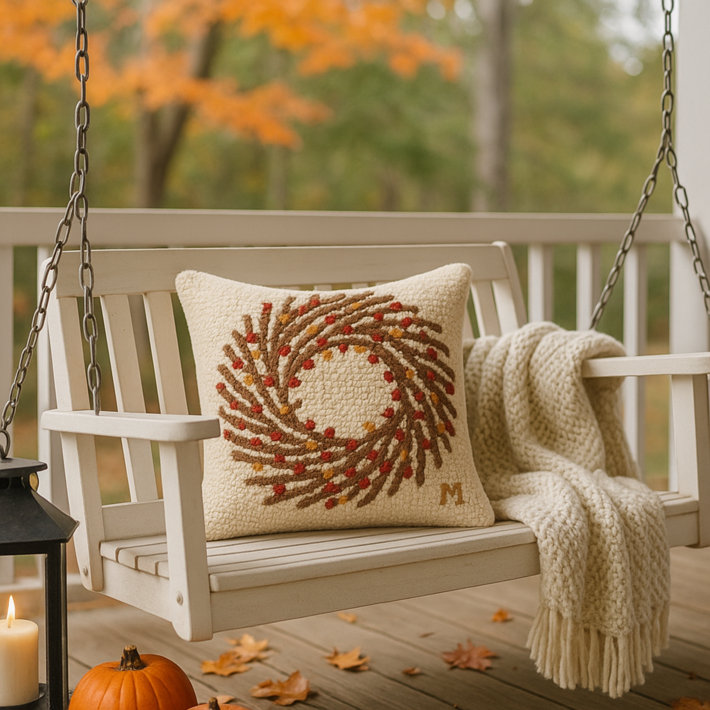 Decorative pillow with autumn wreath design on a swing with a blanket and candle, set against an outdoor background.