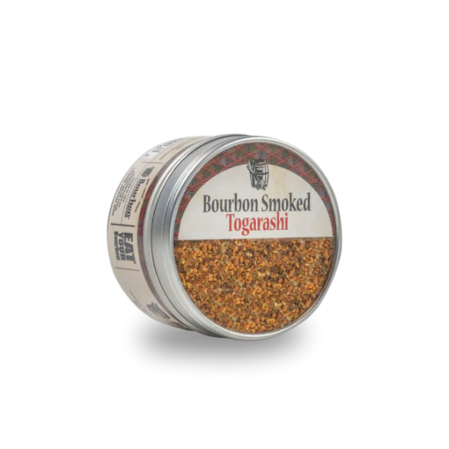 Overhead view of Bourbon Smoked Togarashi spice tin showing the full product packaging and branding