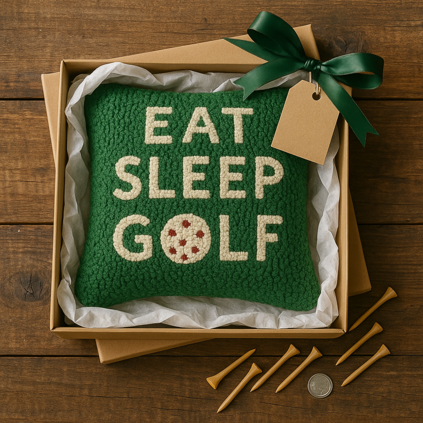 Green knitted pillow with 'Eat Sleep Golf' text in a box on a wooden surface