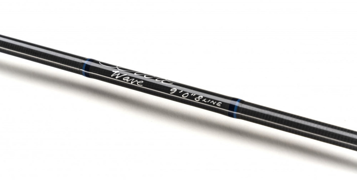 Fishing rod with 'Wave' branding on a white background