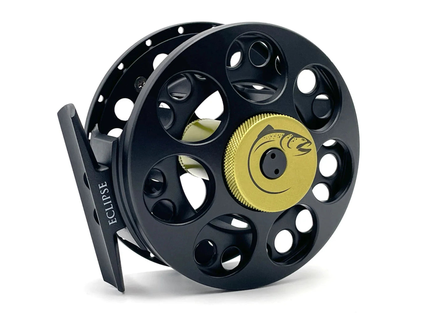Black and gold fishing reel on a white background