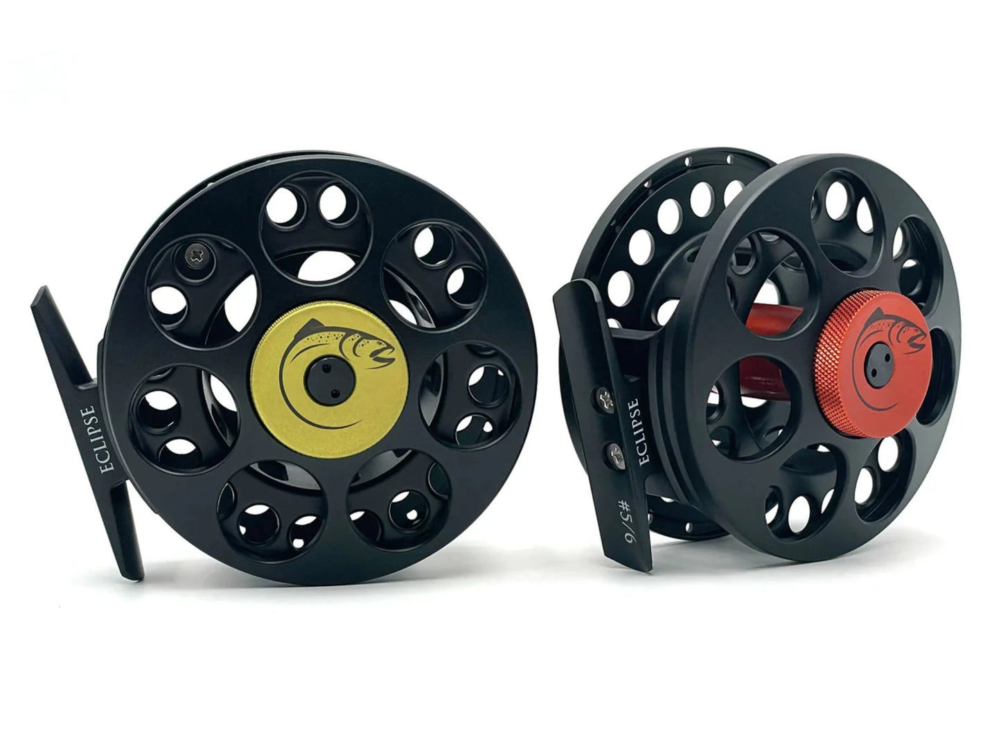 Two fishing reel spools with visible brand names on a white background