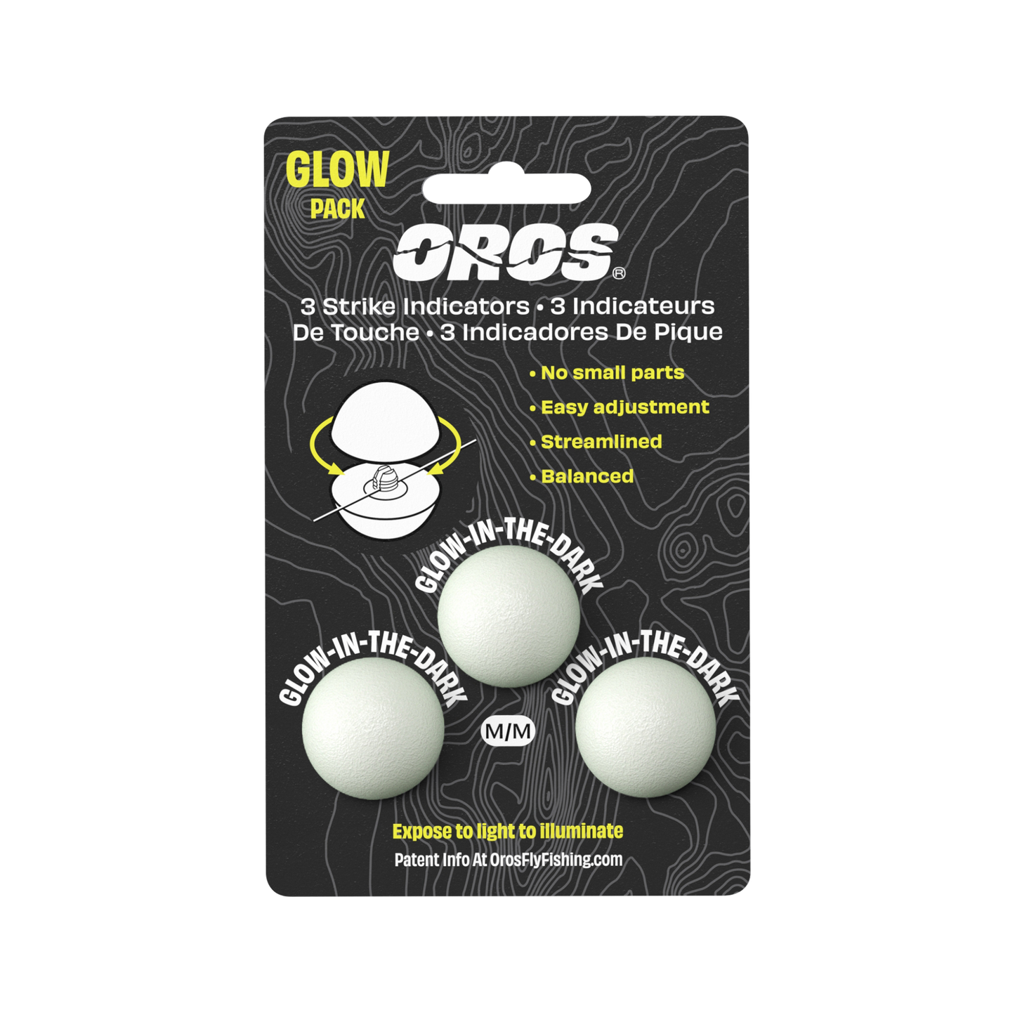 Oros indicators feature patent pending Soft-Lock™ technology. The design encloses fastening hardware inside of two molded soft foam hemispheres. When closed, the hardware holds the line, while the foam hemispheres compress creating friction between the two hemispheres that keeps them from disengaging.