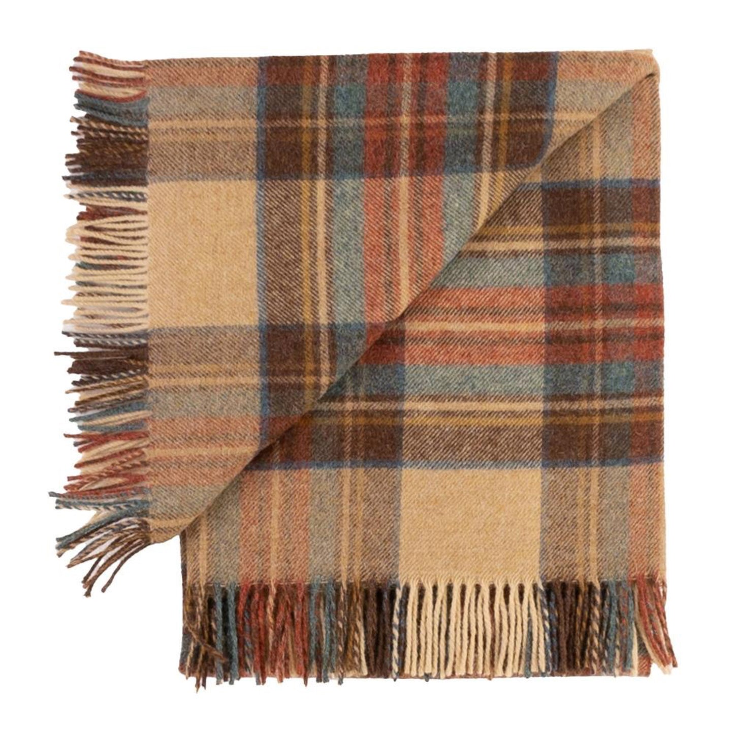 Folded Shetland lambswool plaid throw showing Antique Dress pattern and fringe detail – Highland Tweeds