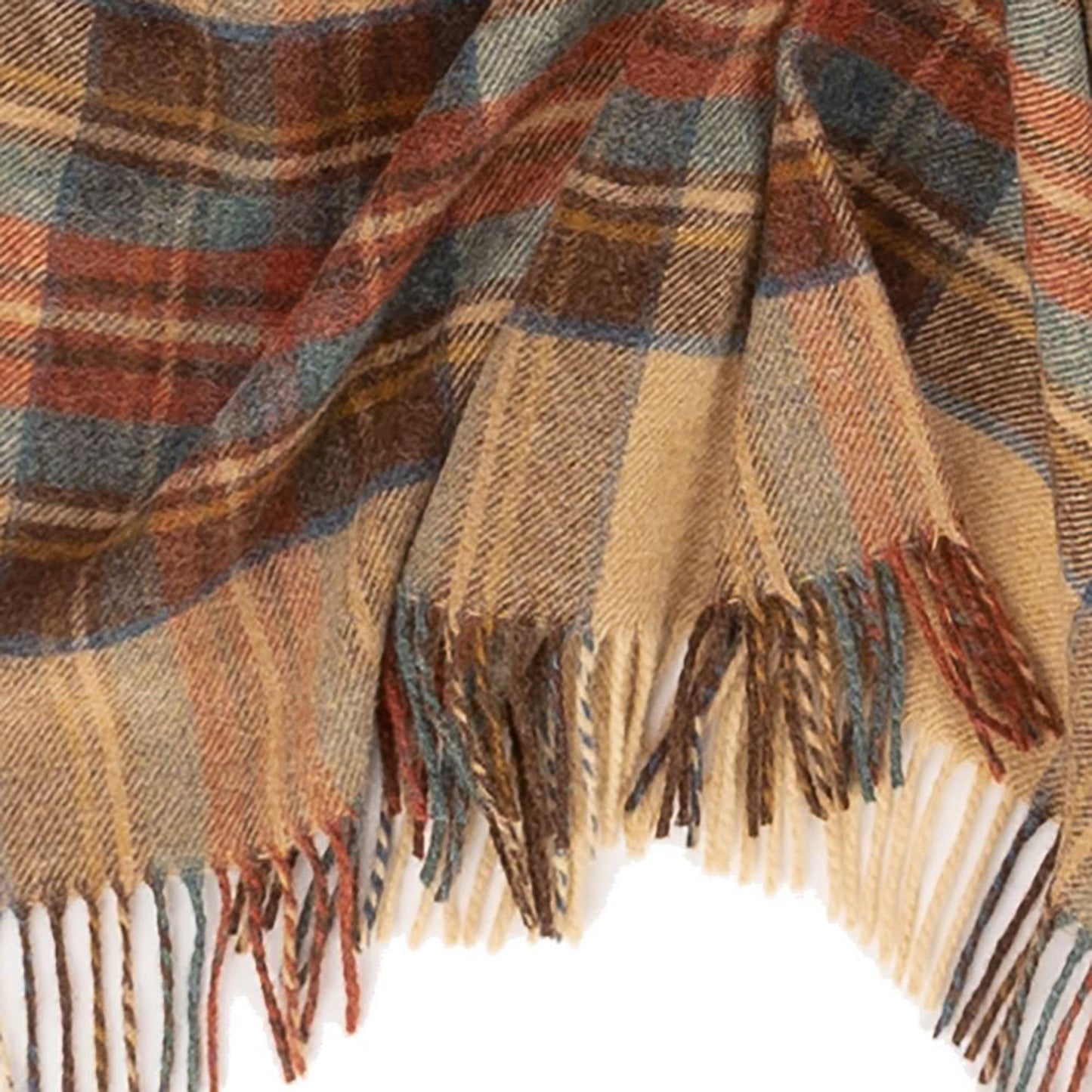 Folded Shetland lambswool plaid throw showing Antique Dress pattern and fringe detail – Highland Tweeds