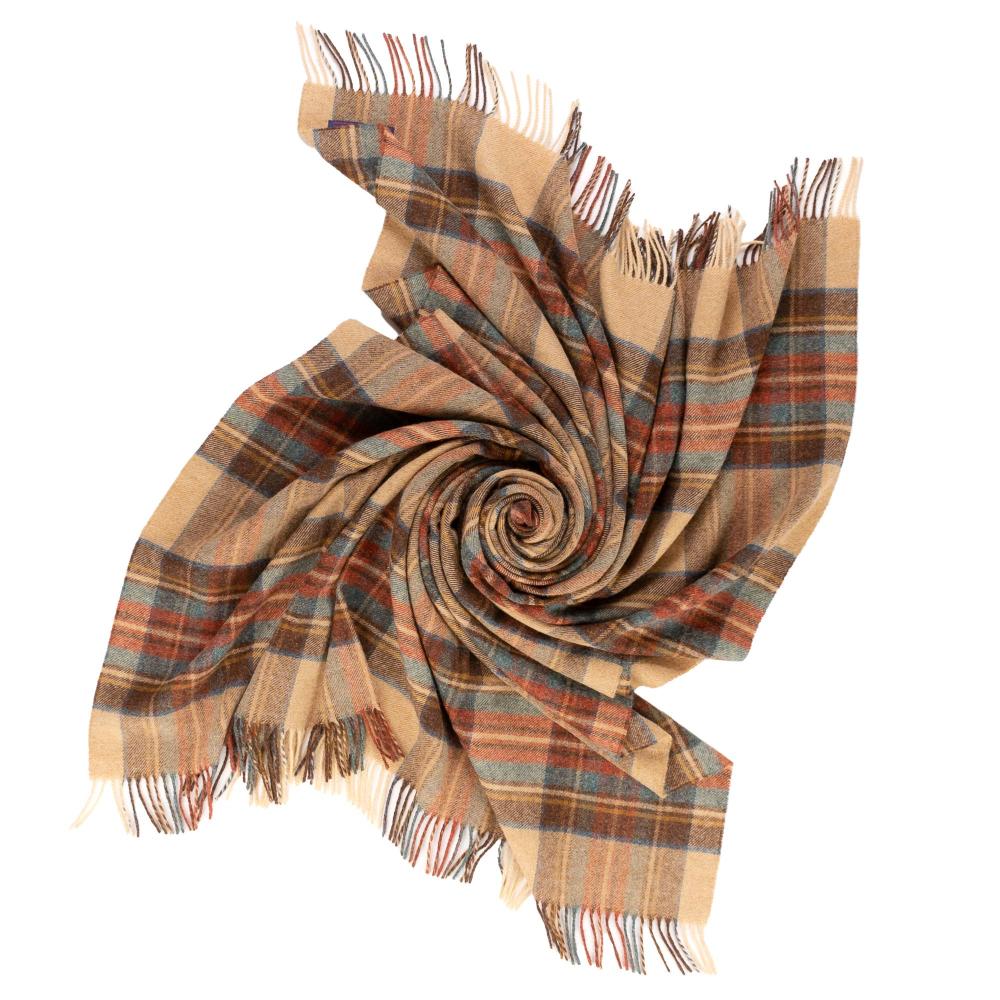 Folded Shetland lambswool plaid throw showing Antique Dress pattern and fringe detail – Highland Tweeds