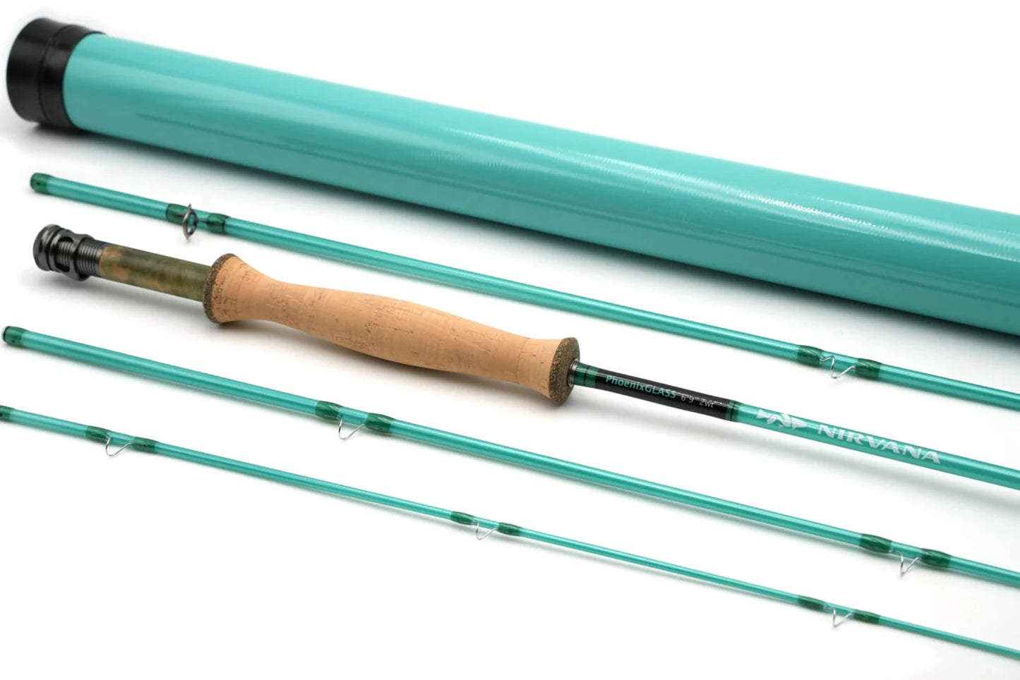 Teal fly fishing rod with wooden handle on a white background