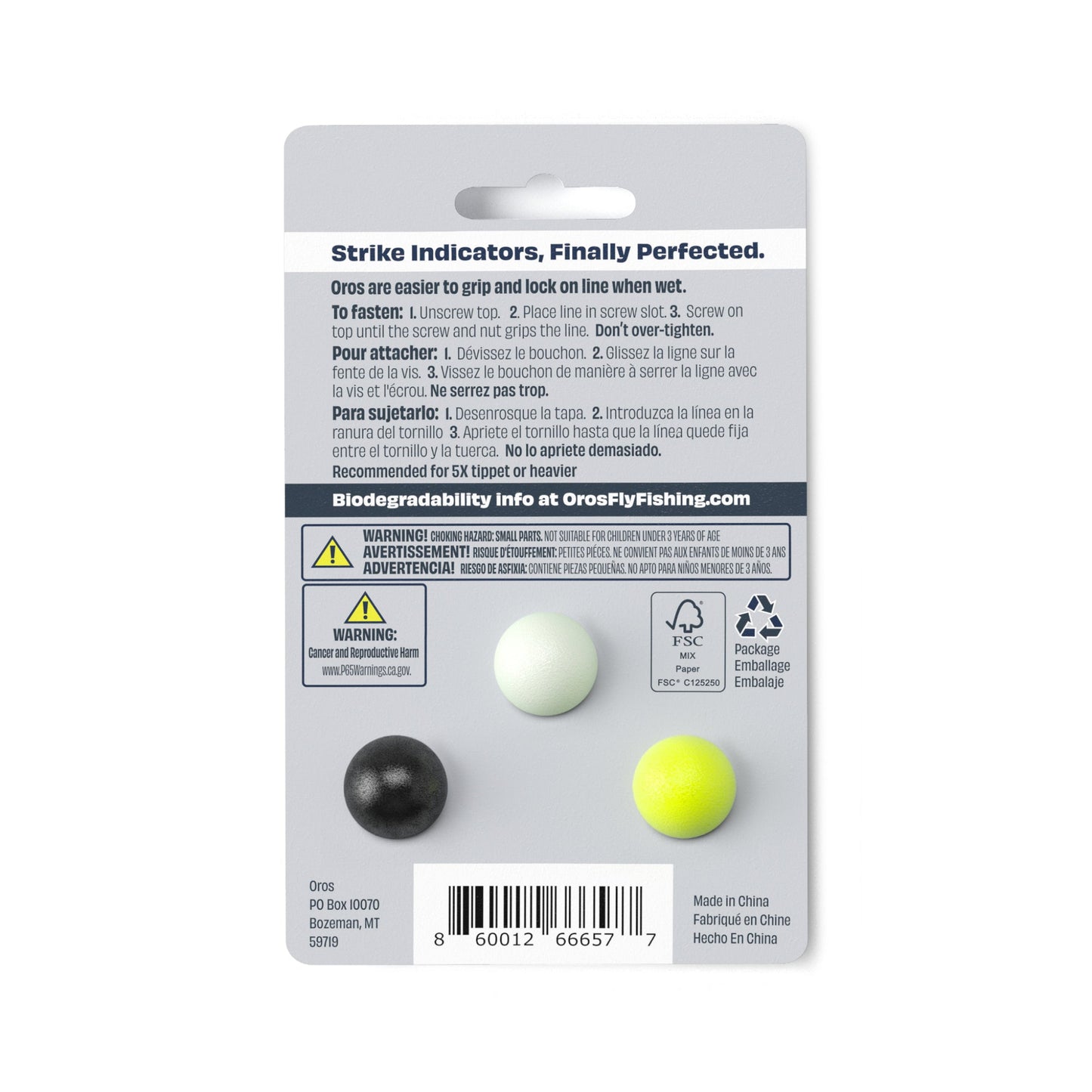 Oros indicators feature patent pending Soft-Lock™ technology. The design encloses fastening hardware inside of two molded soft foam hemispheres. When closed, the hardware holds the line, while the foam hemispheres compress creating friction between the two hemispheres that keeps them from disengaging.&nbsp;