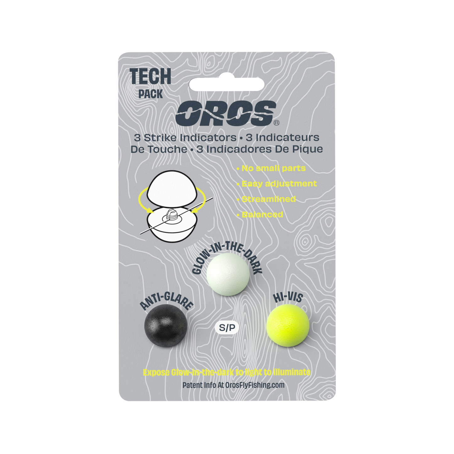 Oros indicators feature patent pending Soft-Lock™ technology. The design encloses fastening hardware inside of two molded soft foam hemispheres. When closed, the hardware holds the line, while the foam hemispheres compress creating friction between the two hemispheres that keeps them from disengaging.&nbsp;
