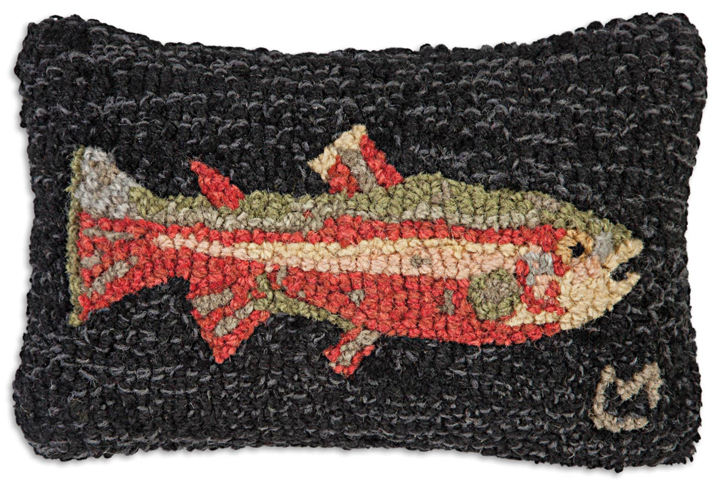 8" x 12" hand hooked pillow, made with 100% natural wool. Zippered velveteen backing with poly-fill pillow insert. Handcrafted.

Care Instructions-

Do not machine wash or dry clean.&nbsp;
All of the hand-hooked wool products can be gently spot cleaned with a clean soft sponge or cloth using a solution of mild soap and warm water.
Wipe up spills as soon as they occur. Blot (don’t rub) with damp sponge or cloth.