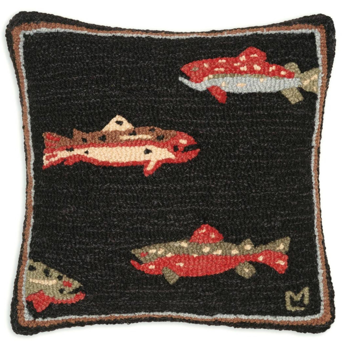 Hand-hooked wool trout pillow in natural colors with detailed fish design, 18x18 inches with velveteen backing"