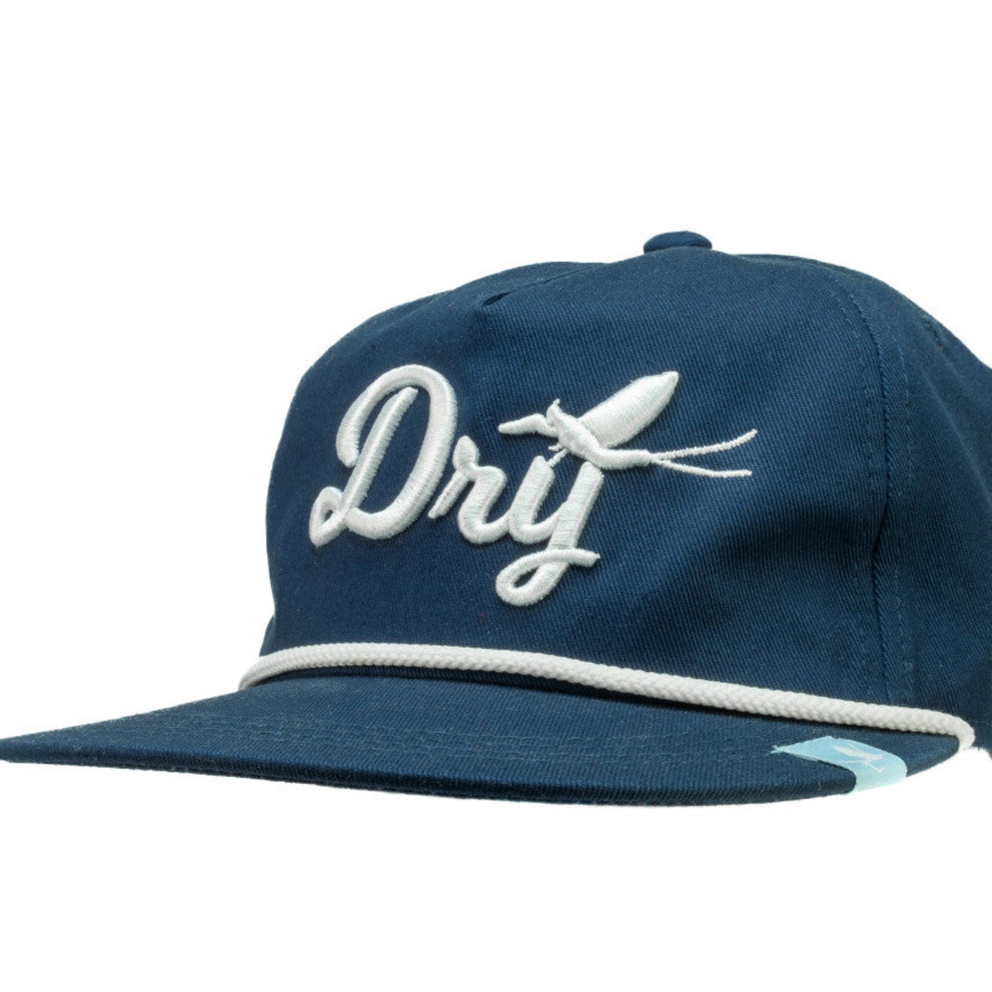 Blue cap with white logo on a white background