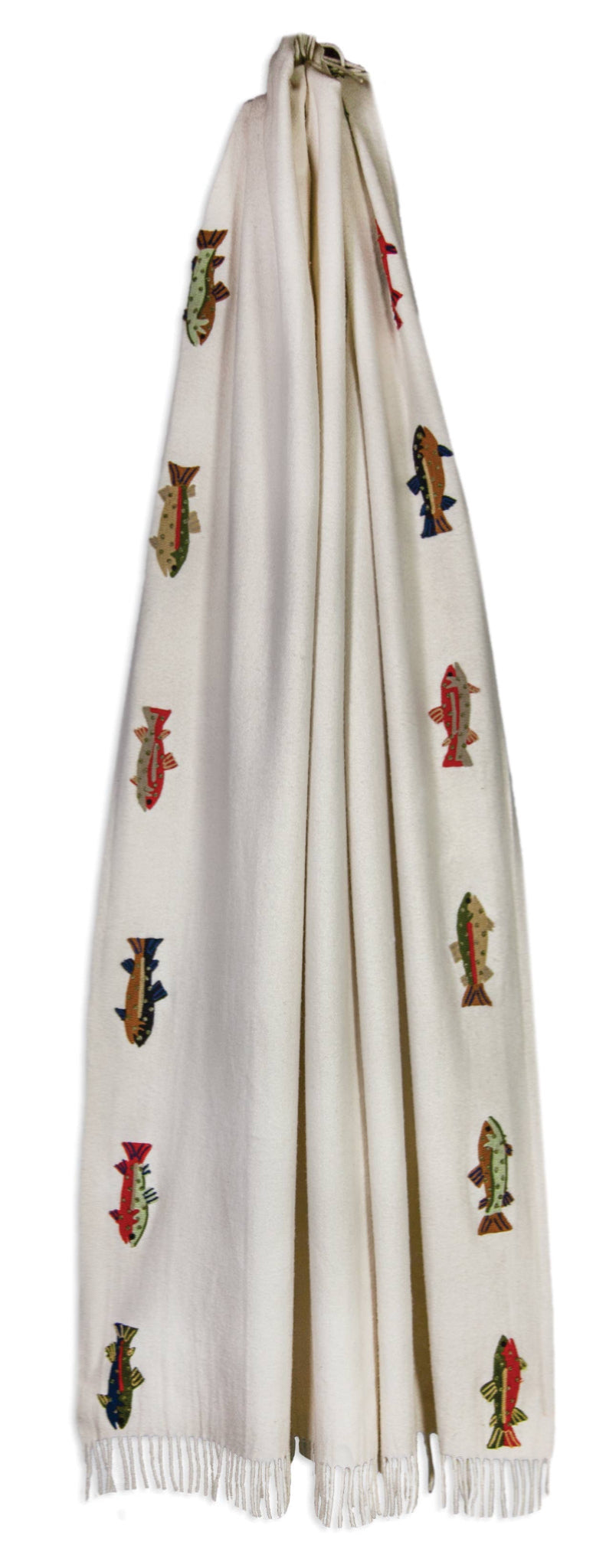 White or light cream colored throw blanket feature various species of trout