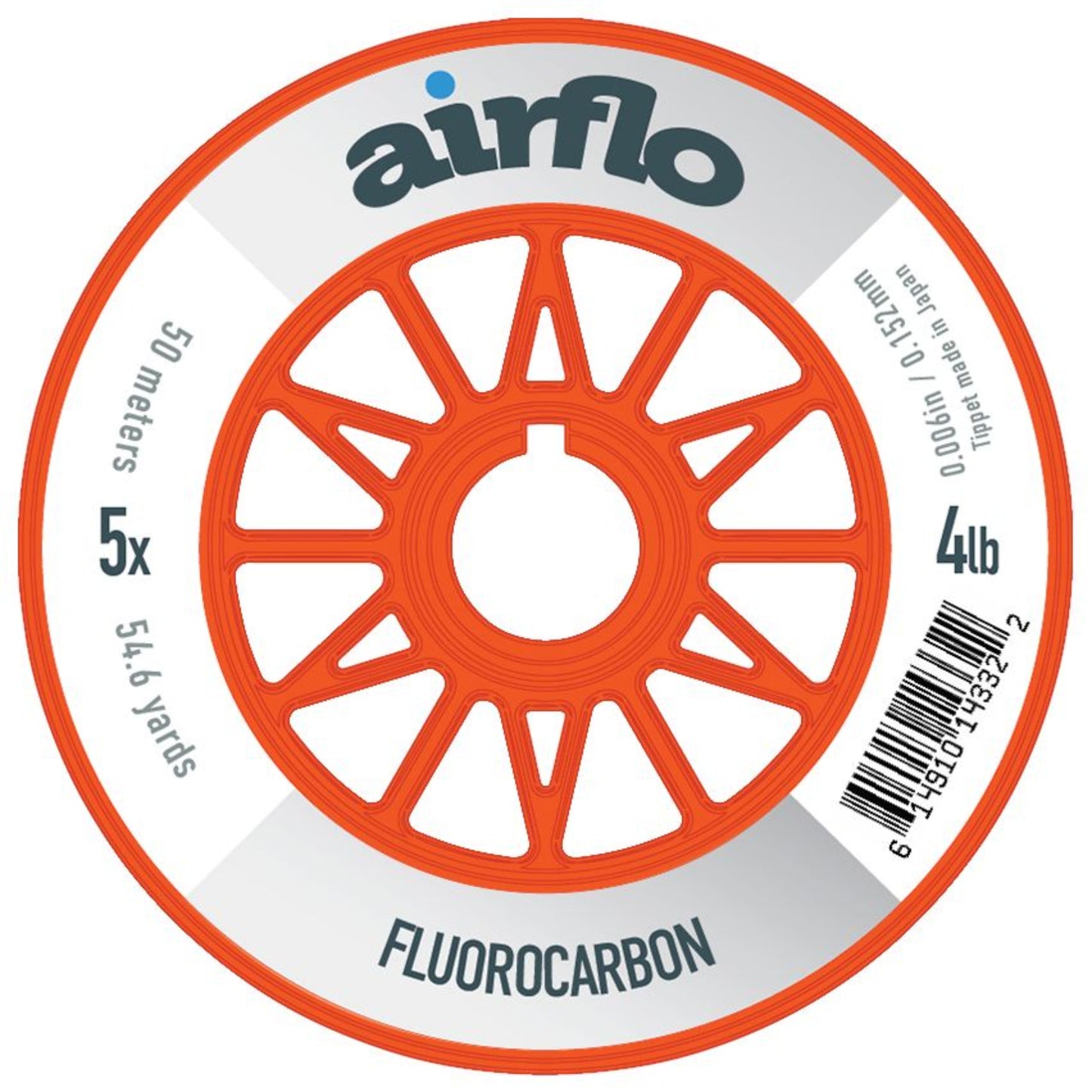 Orange spool of Airflo fluorocarbon fishing line on a white background