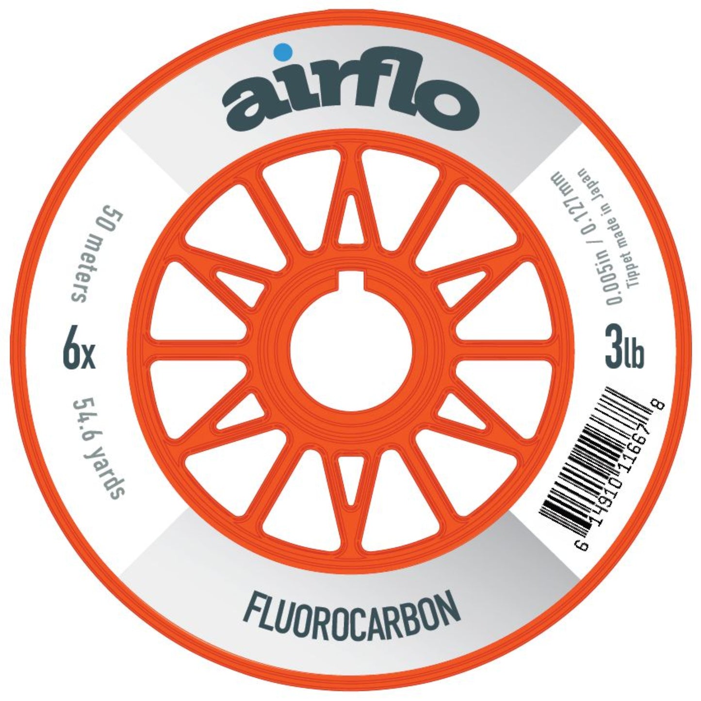 Orange spool of airflo fluorocarbon fishing line on a white background