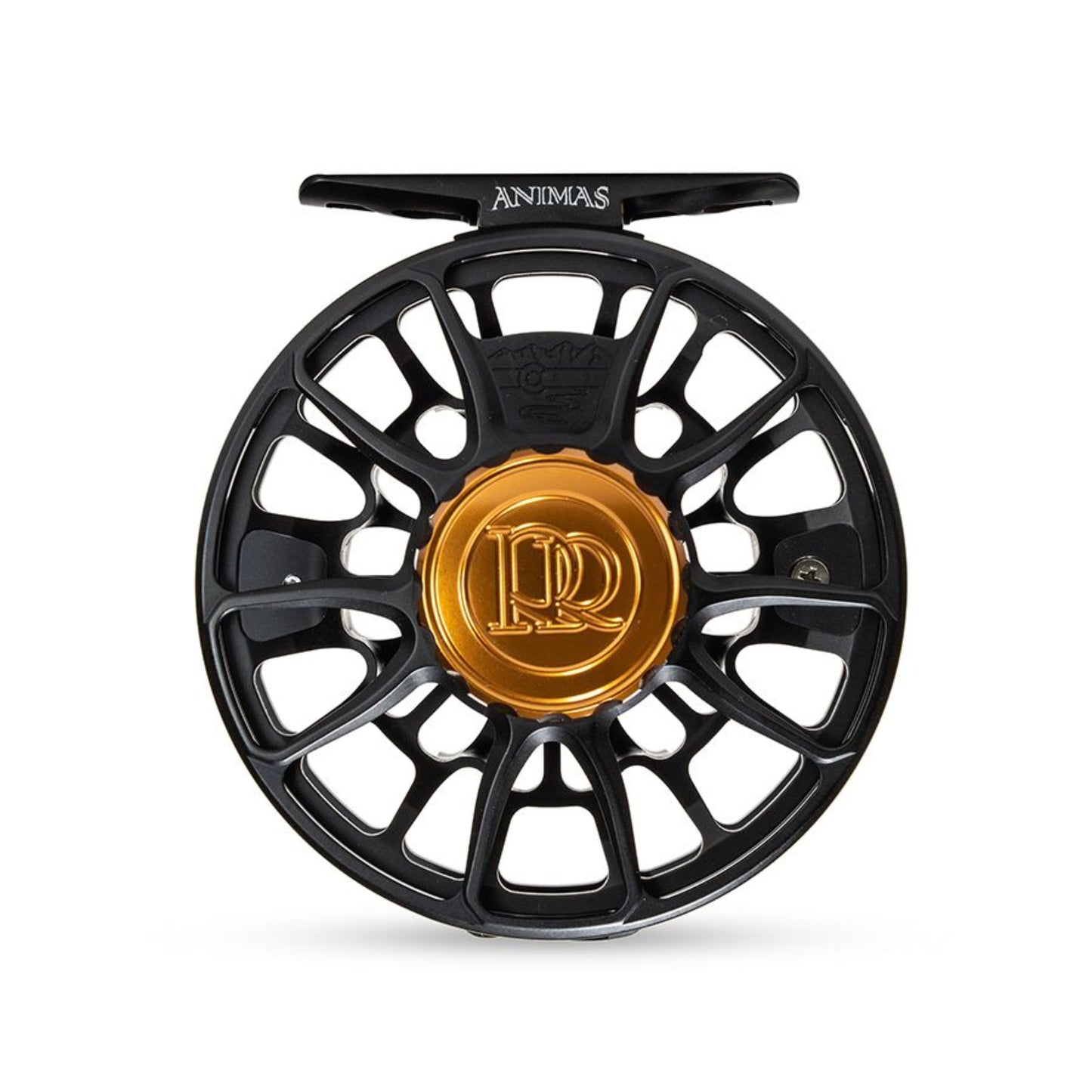 Black and gold fishing reel with 'Animas' branding on a white background