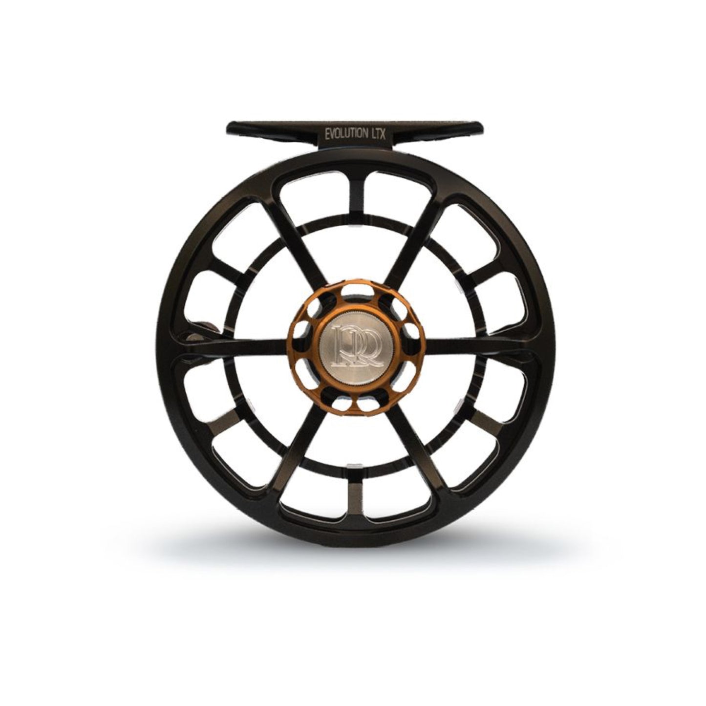 Fishing reel with 'Evolution LTX' branding on a white background