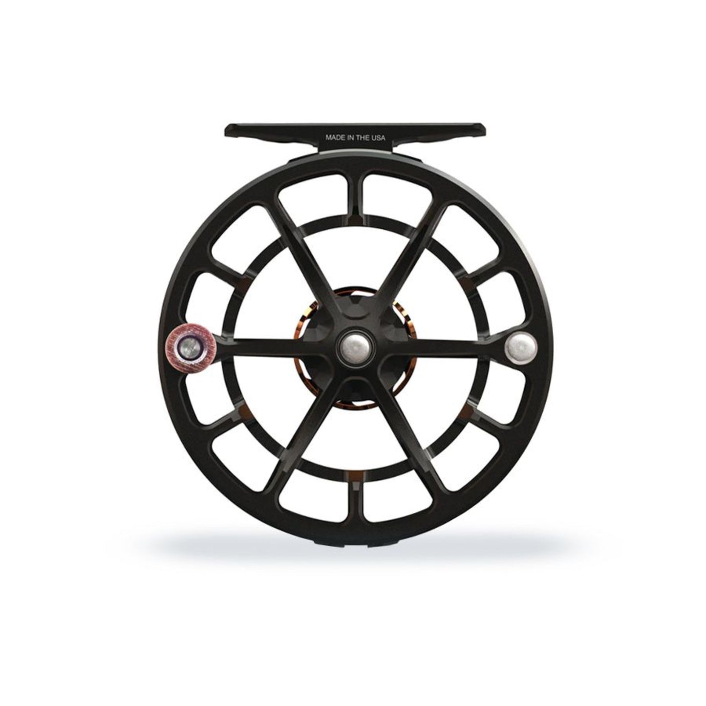 Black fly fishing reel on a white background