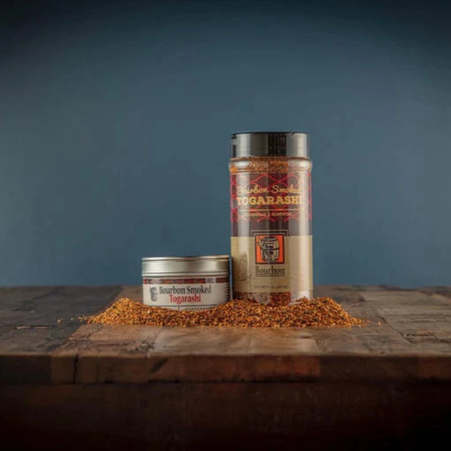 Close-up view of Bourbon Smoked Togarashi Japanese seven-spice blend with bourbon barrel smoking